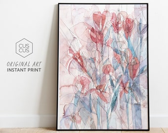 Floral Abstract Art, Red & Blue Watercolor Printable Art, Digital Download