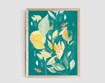 Floral printable art, Teal and orange print, Indie Room Decor, Home Decor