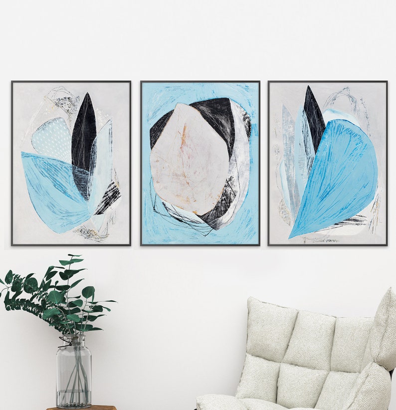 Set of 3 Prints Grey and Black Turquoise Instant Download Abstract Printable Art