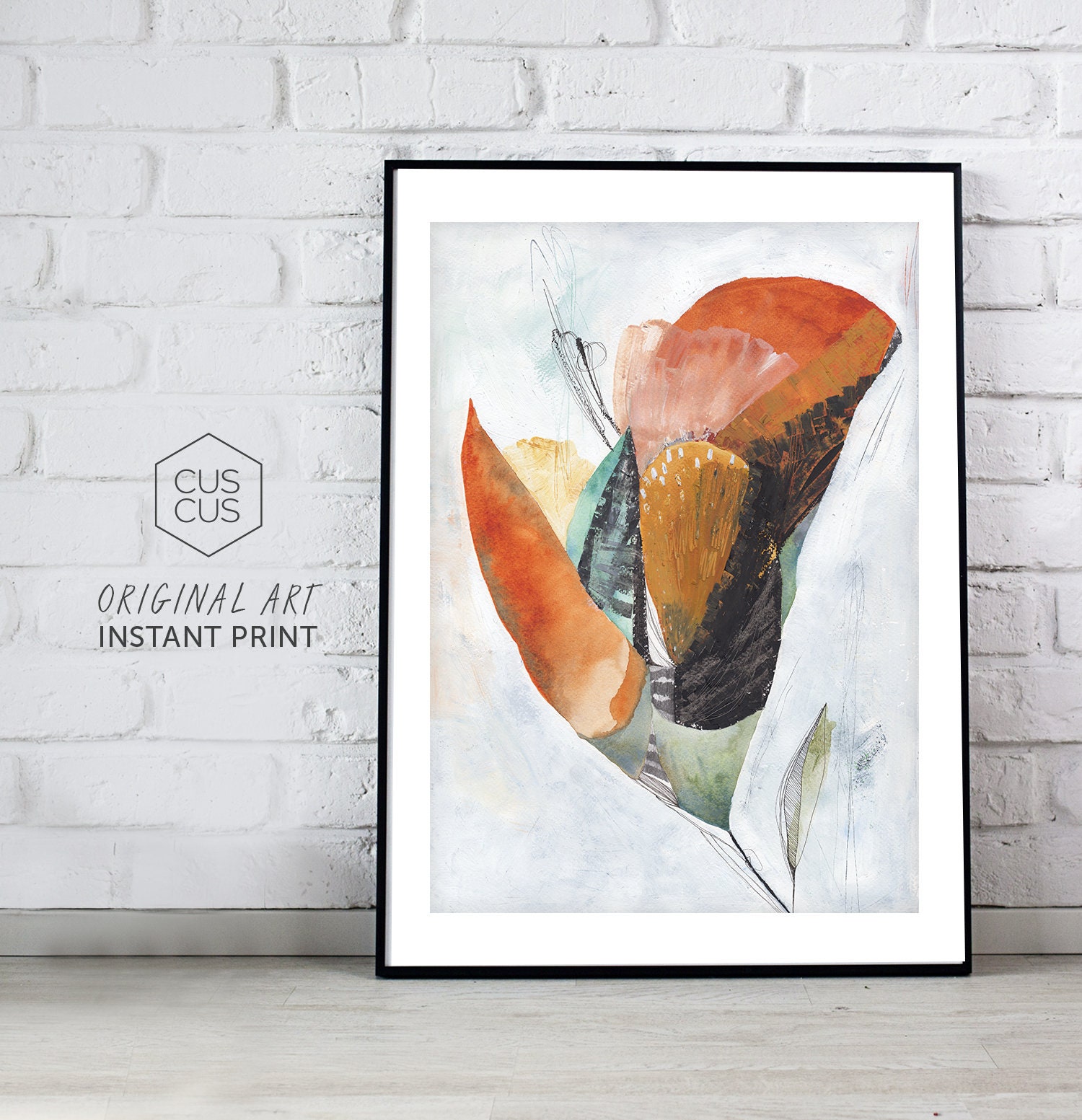 Digital Download Poster Printable Wall Art Orange and Teal Abstract Watercolor Flower Painting Print