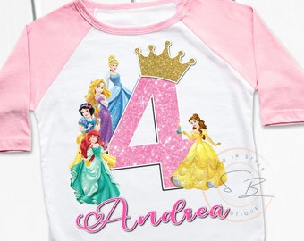 Disney Princess Birthday Shirt, Pink Raglan Princess Birthday Shirt, Girls Birthday Shirt ,Disney Birthday Shirt