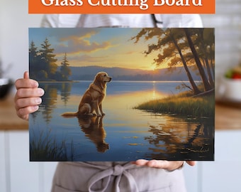 Dog Sunset Lake charcuteriebord – glazen snijplank – hondenliefhebber housewarmingcadeau – rustiek huisdier keukendecor – dierenliefhebber dienblad