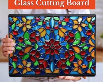 Beautiful Stained Glass Style Floral Design Glass Cutting Board – Vibrant Charcuterie Board, Housewarming Gift for Unique Kitchen Decor