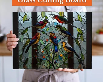Bird Stained Glass Charcuterie Board – Glass Cutting Board with Birds – Wedding Gift, Kitchen Decor, Nature Lover Gift, Hostess Gift