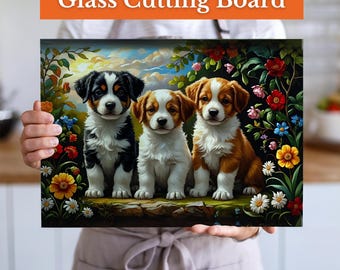 Glazen snijplank met drie schattige puppy's - bloemenhond kunst - charcuteriebord en huwelijkscadeau - hondenliefhebber keukendecor