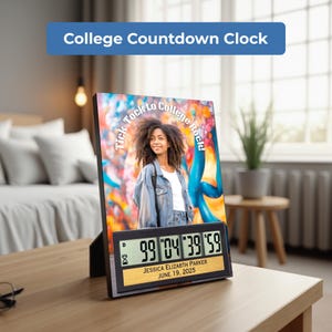May include: A black digital college countdown clock with a photo of a young woman. The clock displays the time remaining until June 19, 2025. The text "College Countdown Clock" is at the top. The photo has the text "Tick Tock to College Rock!"