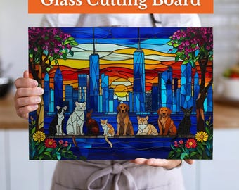 Charcuteriebord - glazen snijplank - housewarmingcadeau - honden- en kattenliefhebbers keukendecor - kleurrijke serveerplank huisdierkunst