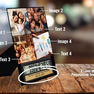 May include: A black countdown clock with a digital display and a personalized text panel. The panel includes the text "Tik-Tok to Summer Vacation 2025" and "June 28, 2025". The clock is surrounded by four photos, each with a year printed on it: 2021, 2022, 2023, and 2024.