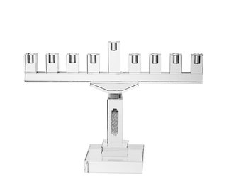 Crystal Candle Menorah Rectangle Shape Designed With Silver Accent Stem On Rectangle Base