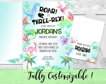 May include: A blue and green dinosaur birthday invitation with the text "Roar! It's Three-Rex!" and "Please join us for Jordan's Dino-mite Birthday!" The invitation includes a date, time, and address. The invitation is decorated with watercolor dinosaurs and palm trees.