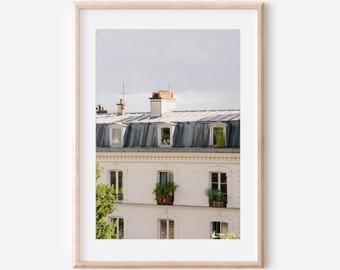 Paris Rooftops Photography Print, French Apartment Wall Art, Parisian Windows and Flowers, Neutral French Architecture Decor, Paris Print