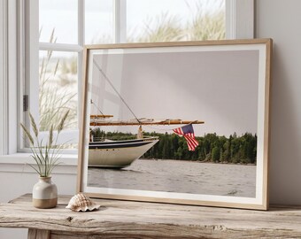 American Eagle Schooner Print, Maine Sailing Photography, Coastal Wall Art, American Flag Nautical Decor, New England Sailboat Photo
