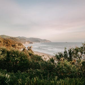 May include: A scenic view of a coastline with a sandy beach and rolling green hills. The ocean is a light blue color and the sky is a soft pink and white.