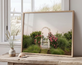 Nantucket Rose Garden Print, Pink Roses Fine Art Photography, Coastal Cottage Wall Art, White Garden Gate, New England Decor