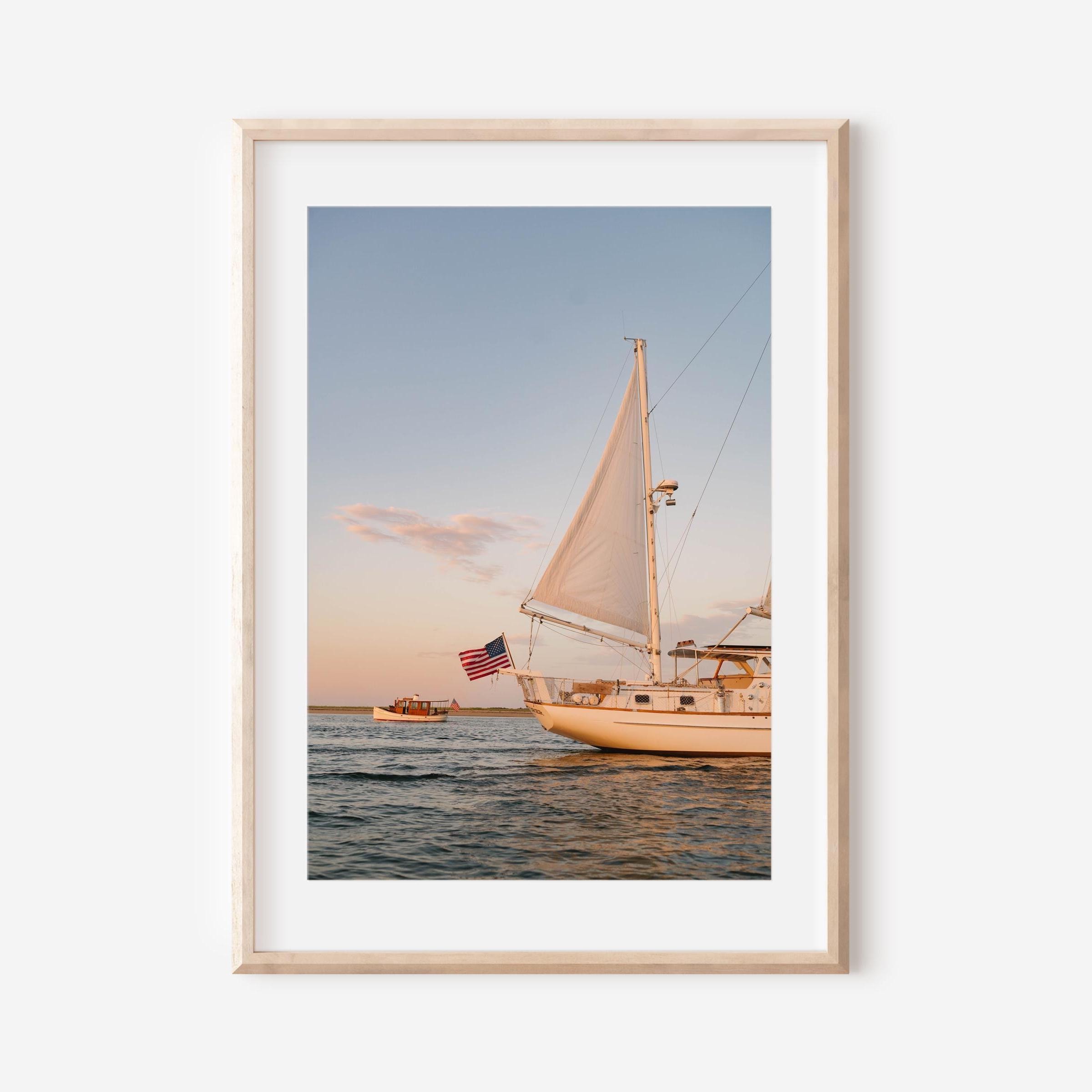 Sailboat Wall Art Print – Coastal Nautical Decor With American Flag at ...