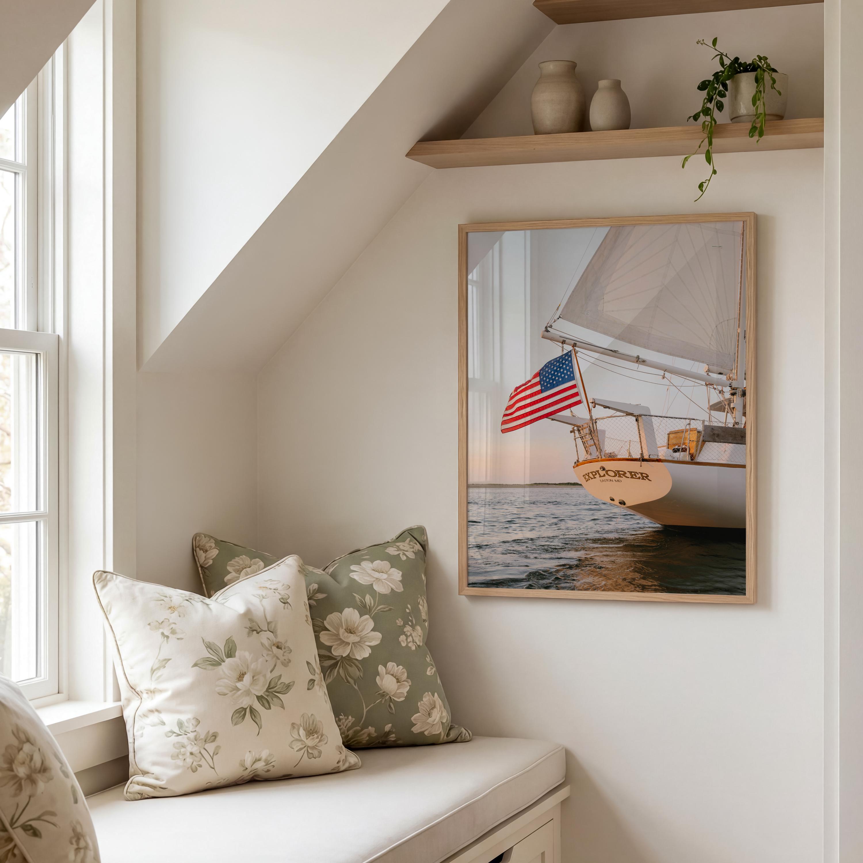 Nantucket Sailboat Print, American Flag Nautical Wall Art, New England ...