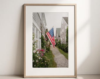 Nantucket Independence Flag Print, American Flag Wall Art, Sconset Rose Cottage Photography, New England Coastal Decor