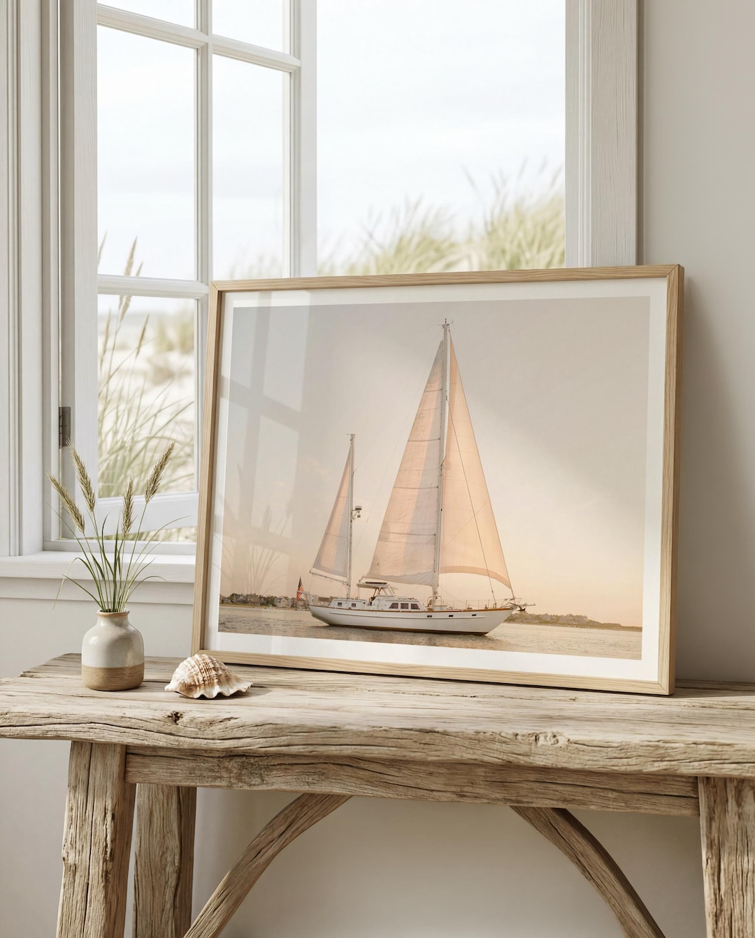Sailboat Wall Art Print – Coastal Nautical Decor With American Flag at ...