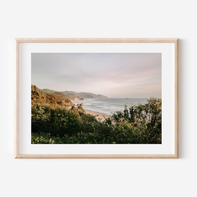 May include: A scenic photograph of a coastline with a sandy beach, green foliage, and a blue ocean in the distance. The sky is a soft, pale pink and purple.