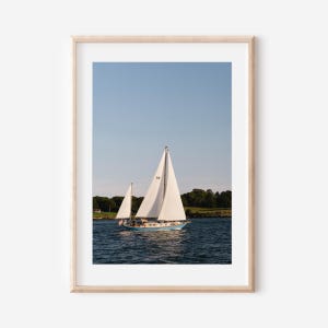 May include: A framed print of a sailboat on the water. The sailboat has white sails and a blue hull. The sky is a clear blue, and there is green foliage in the background. The sailboat is sailing on a body of water.