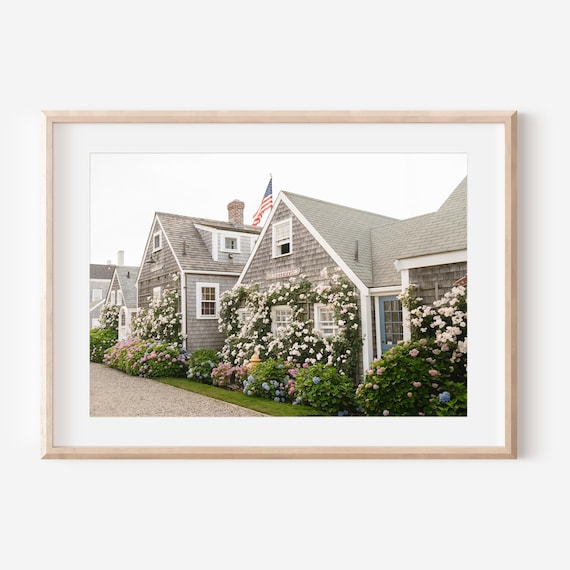 Nantucket Cottage Print, Shingle-Style House with Roses, Coastal New England Wall Art, American Flag Summer Decor, Old North Warf Print