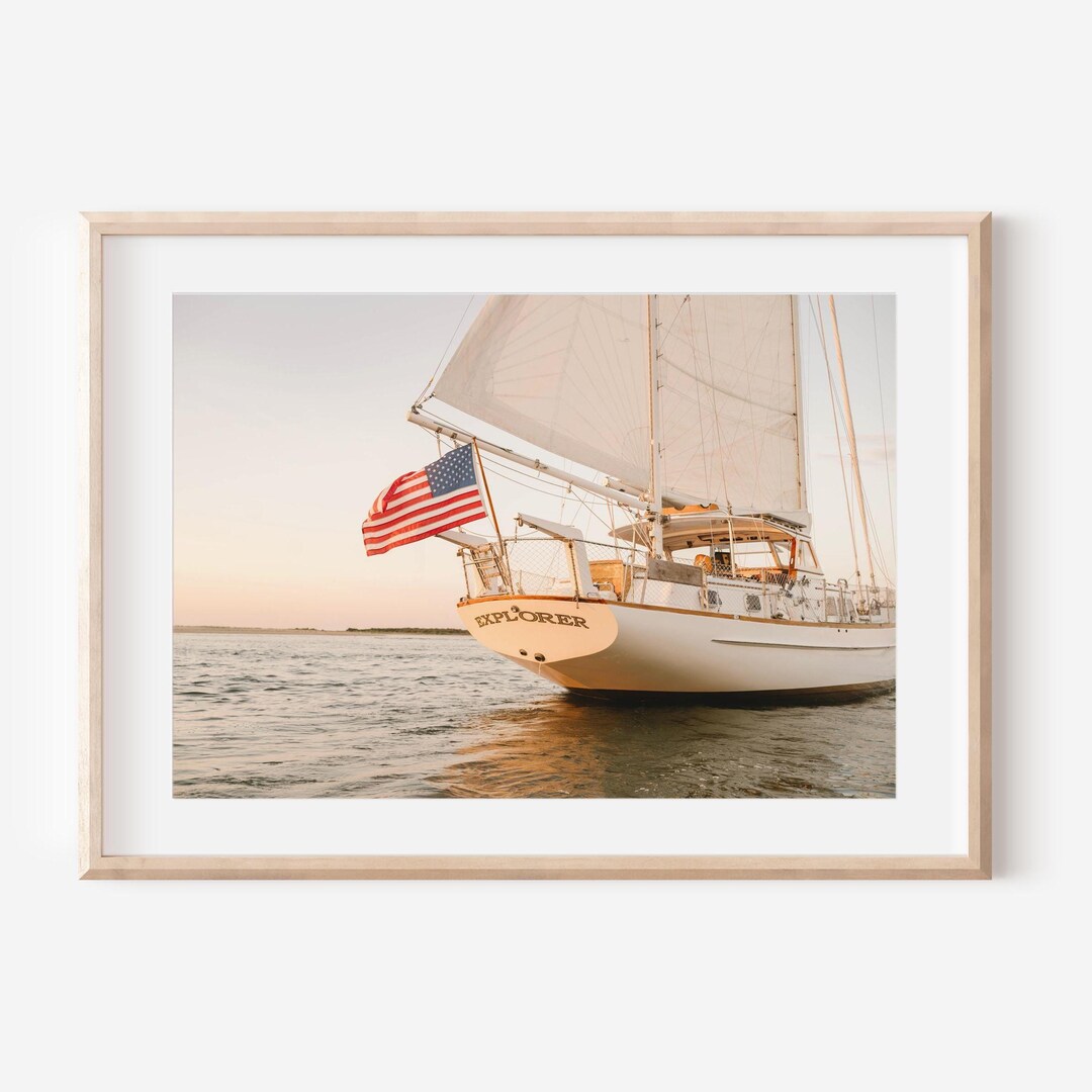 Nantucket Sailboat Print, American Flag Nautical Wall Art, New England ...