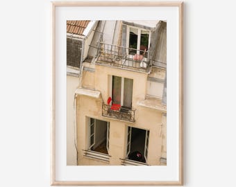 Paris Balcony Photography Print, French Apartment Wall Art, Paris Windows and Red Chairs, Romantic Parisian Decor, Architecture Photograph