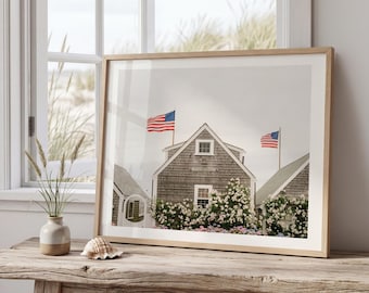 Nantucket American Flag Print, Rose Cottage Wall Art, Patriotic New England Photography, Coastal Summer House Decor