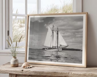Black and White Schooner Print, American Eagle Sailboat Photography, Maine Nautical Wall Art, New England Coastal Decor