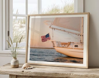 Sailboat Wall Art Print – Coastal Nautical Decor with American Flag at Sunset, Cape Cod Sailing Photography, Beach House Wall Art