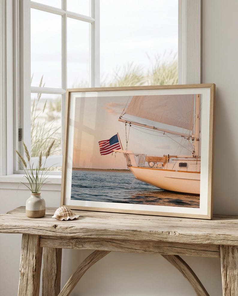 Sailboat Wall Art Print – Coastal Nautical Decor With American Flag at ...