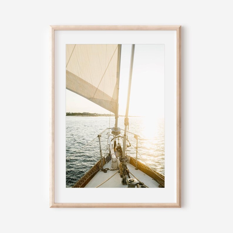Sailboat Bow Print, Golden Hour Ocean Photography, Coastal Nautical Wall Art image 3