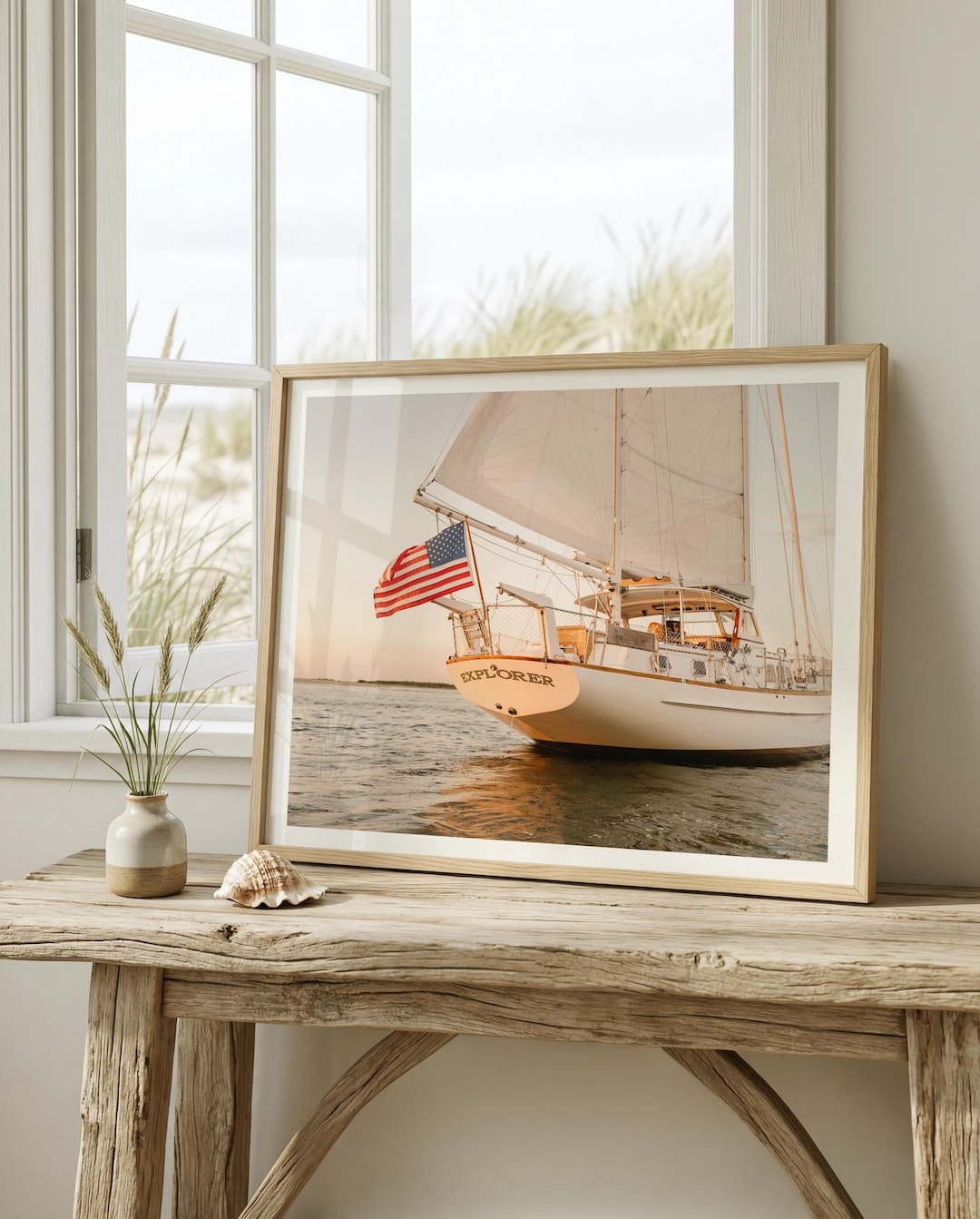Nantucket Sailboat Print, American Flag Nautical Wall Art, New England ...
