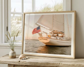 Nantucket Sailboat Print, American Flag Nautical Wall Art, New England Coastal Photography, Beach House Decor, Gift for Ocean Lovers