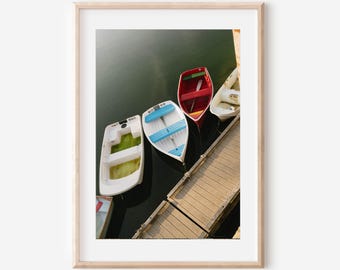 Rockport Massachusetts Print, Colorful Dinghies Photo, Red Rowboat Nautical Wall Art, Cape Ann Harbor Photography, New England Coastal Decor