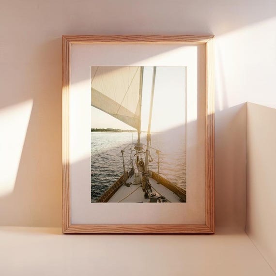 Sailboat Bow Print, Golden Hour Ocean Photography, Coastal Nautical Wall Art