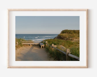May include: A wooden bench sits on a path leading to a wooden fence overlooking a sandy beach with blue ocean waves. The path is lined with green grass and the sky is a light blue.