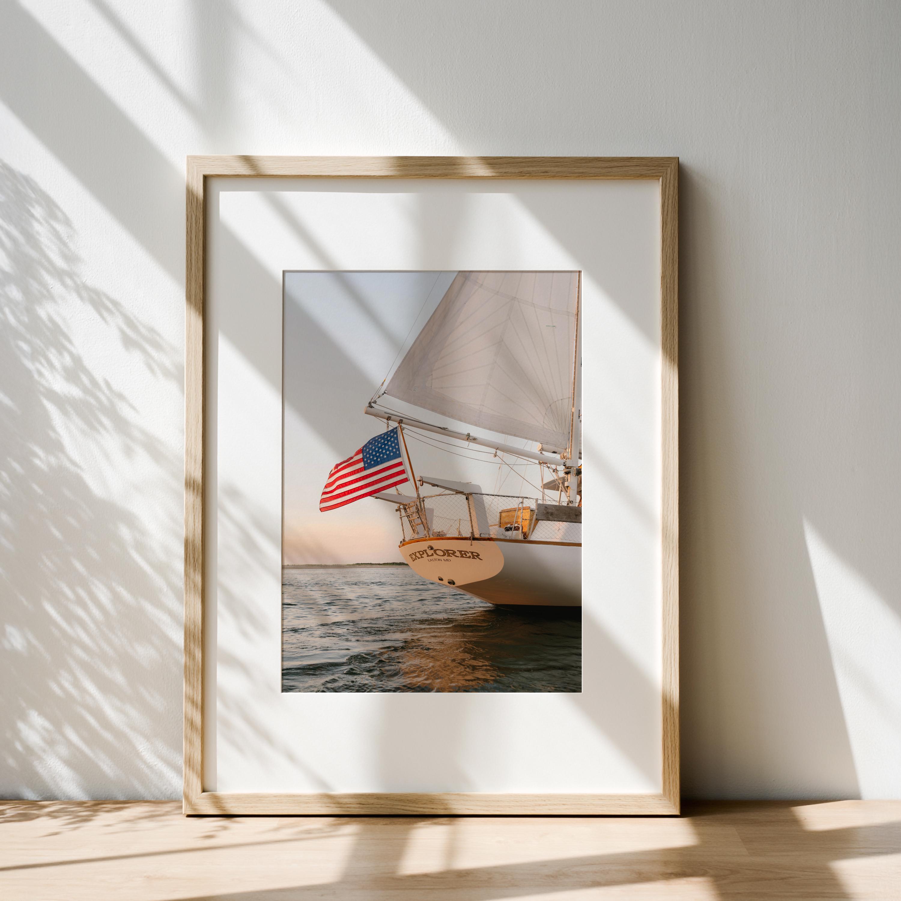 Nantucket Sailboat Print, American Flag Nautical Wall Art, New England ...