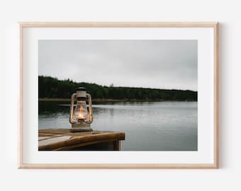 Maine Lake Print, Lantern Wall Art, Rustic Cabin Decor, New England Photography, Coastal Cottage Art, Moody Lake House Wall Decor