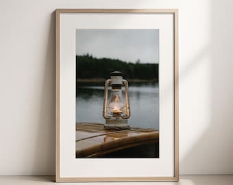 Maine Lake Print, Lantern Wall Art, Rustic Cabin Decor, New England Photography, Coastal Cottage Art, Moody Lake House Wall Decor