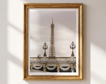 Eiffel Tower Print, Pont Alexandre III Photography, Paris Wall Art, Gold French Decor, Romantic Paris Gift, Neutral Fine Art Photo