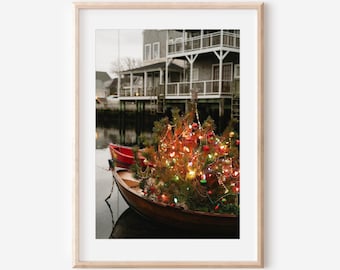 Nantucket Christmas Tree Boat Print, Coastal Holiday Wall Art, New England Winter Decor, Festive Harbor Photography, Fine Art Coastal Print