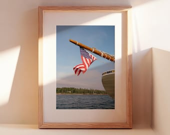 American Flag Coastal Print, Maine Nautical Wall Art, Americana Photography, New England Coastal Decor, Sailboat Art