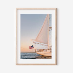 Sailboat Wall Art Print – Coastal Nautical Decor with American Flag at Sunset, Cape Cod Sailing Photography, Beach House Wall Art