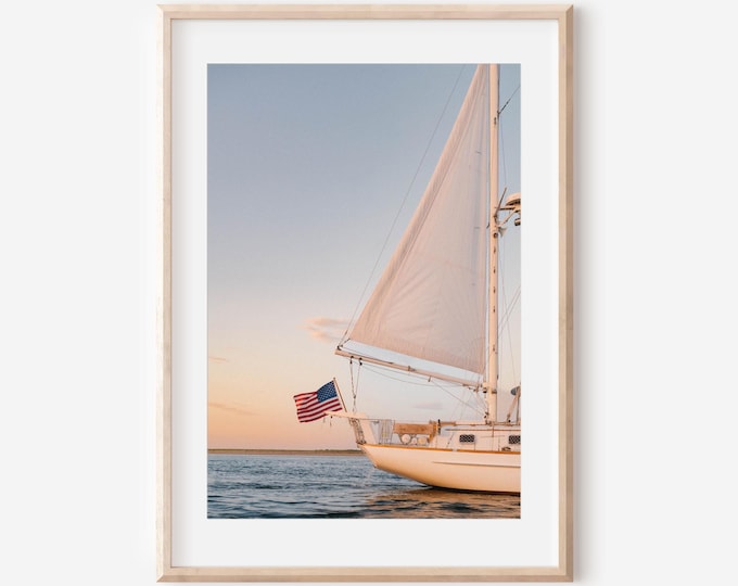 Sailboat Wall Art Print – Coastal Nautical Decor with American Flag at Sunset, Cape Cod Sailing Photography, Beach House Wall Art