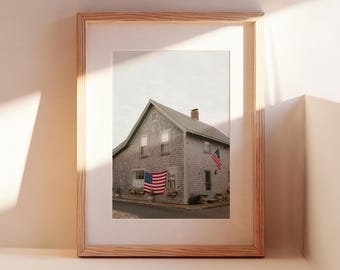 Sconset Nantucket Print, American Flag Wall Art, Coastal Cottage Photography, New England Beach House Decor