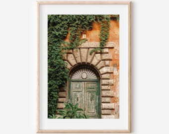 May include: A weathered green wooden door with a decorative arched frame and a sunburst design above it. The door is surrounded by a stone wall covered in green vines.