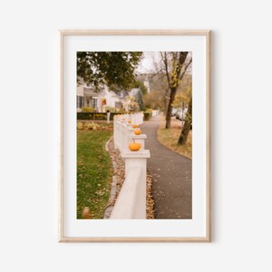 May include: A framed wall art print featuring a white wooden fence lining a pavement. Small orange pumpkins are placed on each fence post. The scene includes a green lawn with fallen leaves and trees in the background during an autumn day.