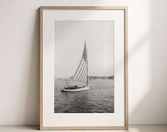 Martha's Vineyard Sailboat Print, American Flag Sailboat, Black and White Nautical Wall Art, Coastal New England Photography