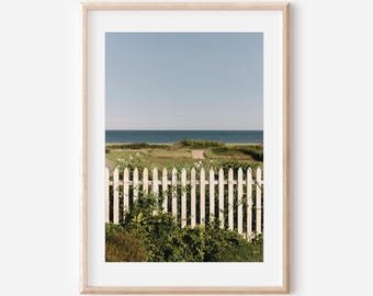 May include: A white picket fence with green foliage in the foreground, framing a view of a blue ocean and sandy beach in the distance.